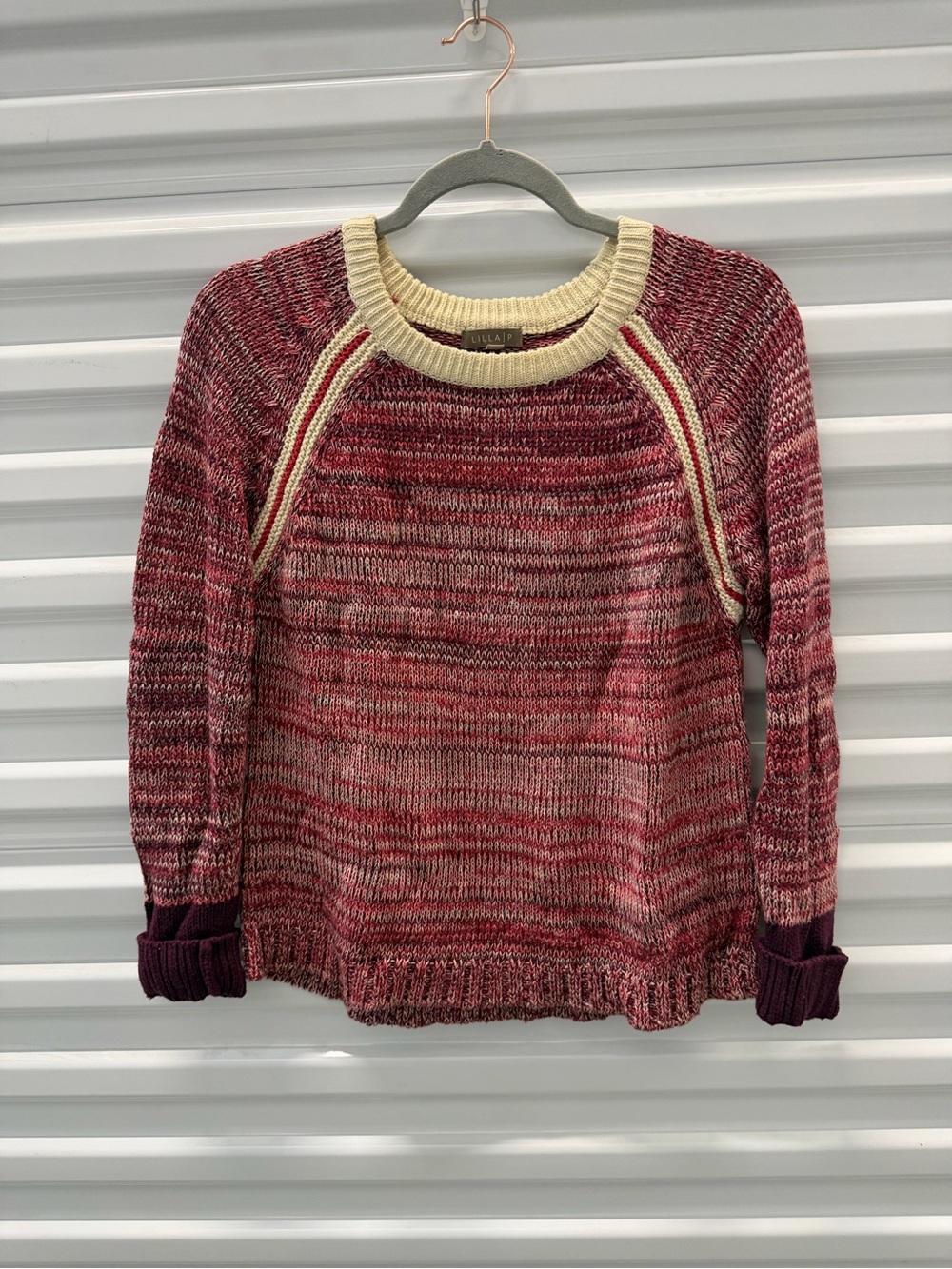 Lilla P Marled Raspberry Crewneck Sweater with Cream Trim and Burgundy Cuffs